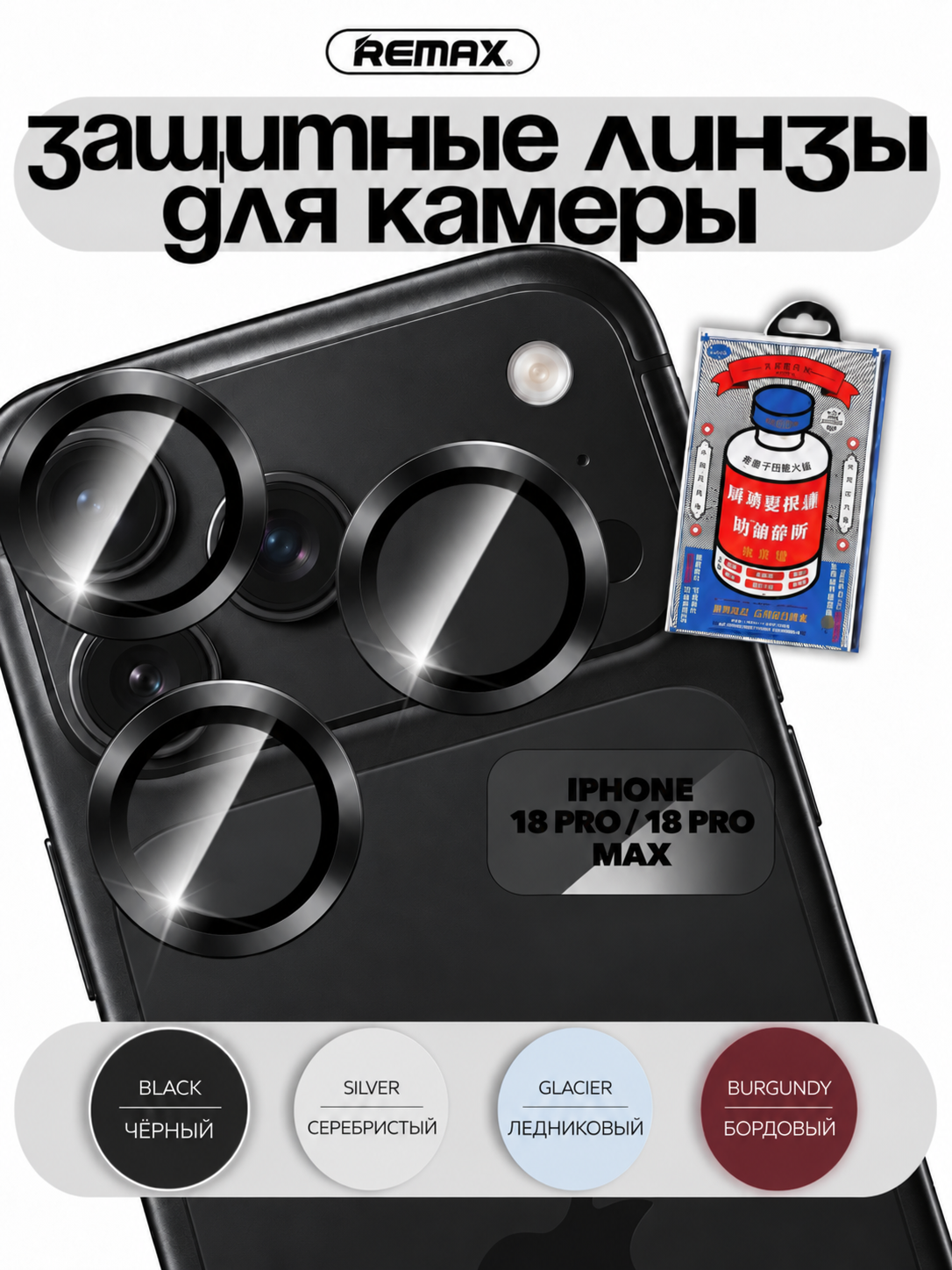Линзы для камеры iPhone 18 Pro / 18 Pro Max (для цвета Черный/Glacier), REMAX GL-27, черные линзы