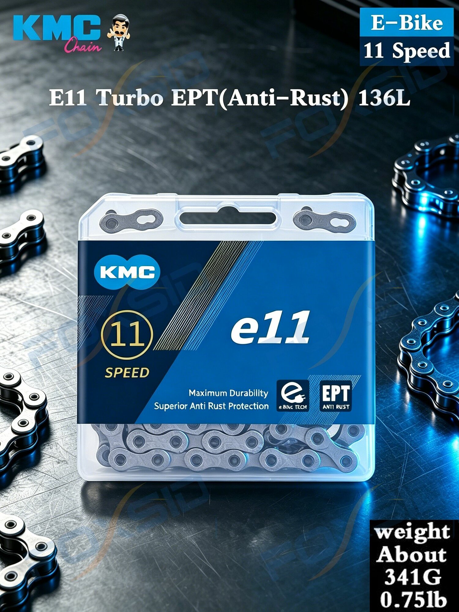 KMC E11 EPT, 11-скоростная цепь для электромобиля/велосипеда, 136 звеньев, антикоррозийное покрытие