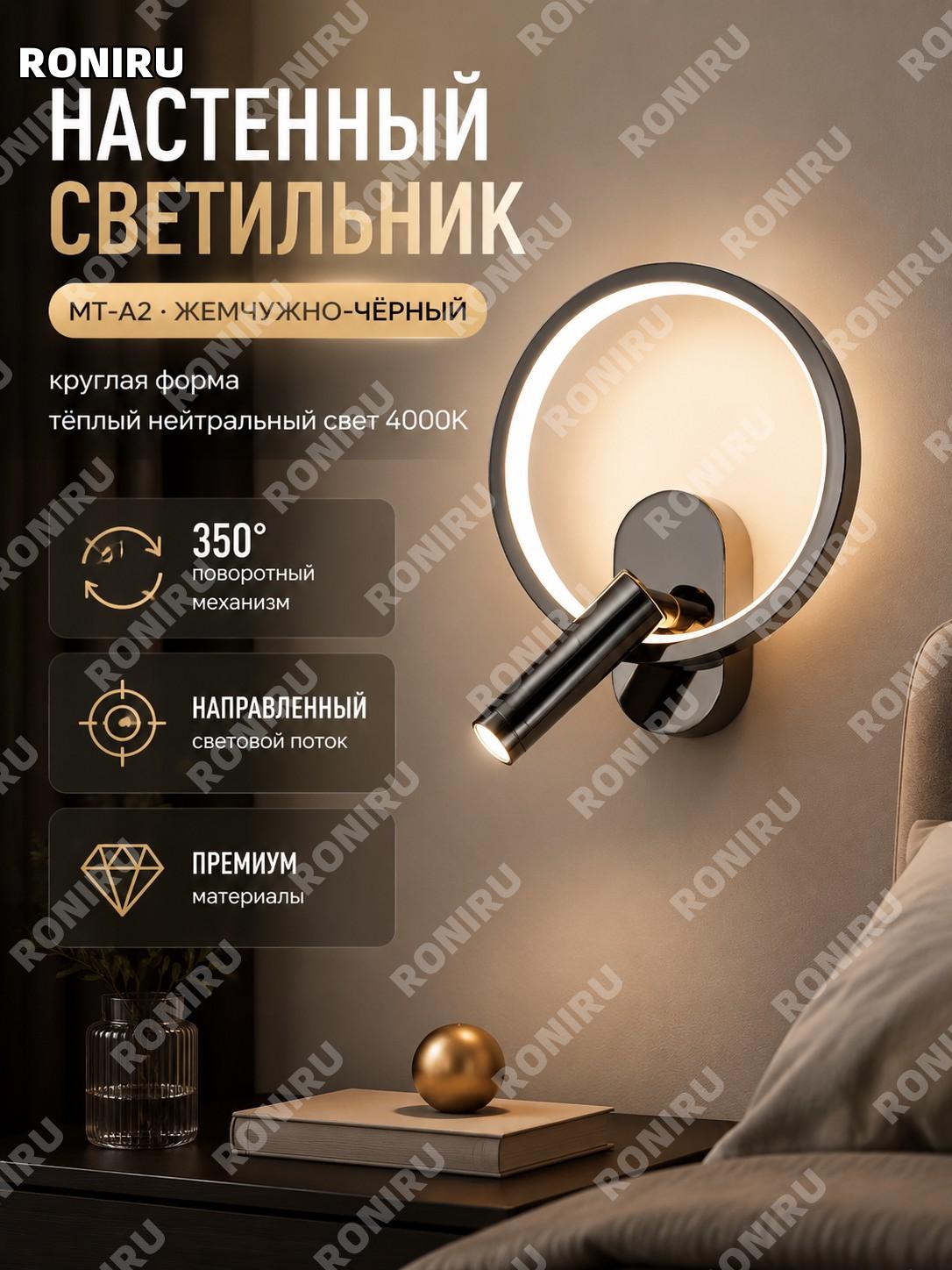 Настенный светильник MT-A2 жемчужно-черный круглый одноцветный нейтральный свет 4000K бра для спальни у кровати