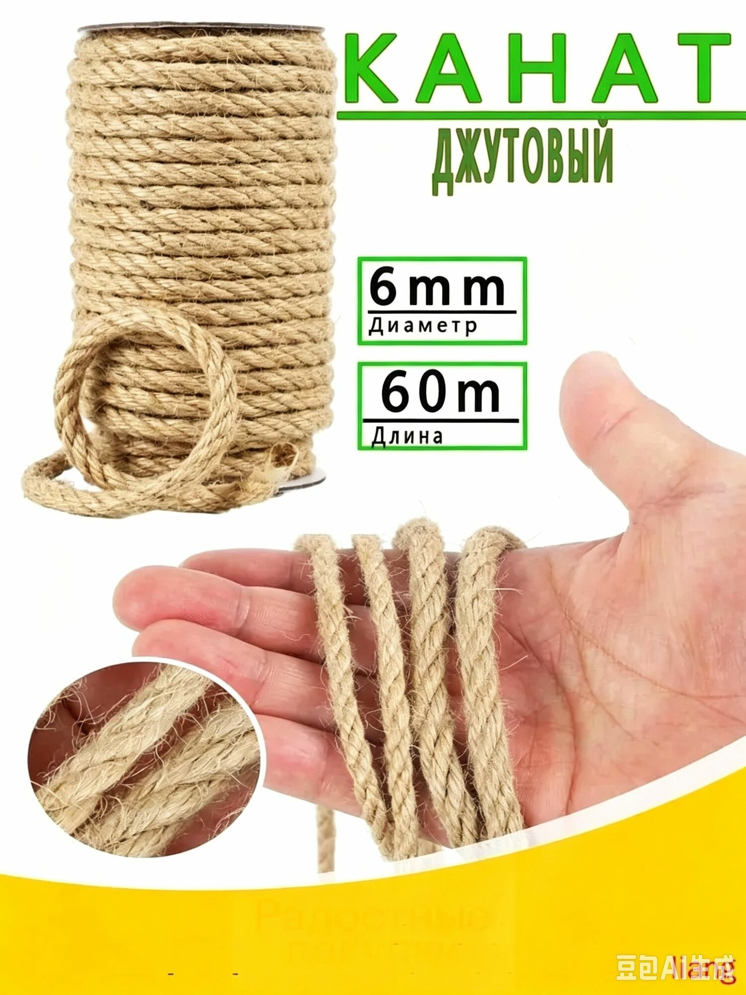 Шпагат крепежный 60 м, 6 мм, Джут