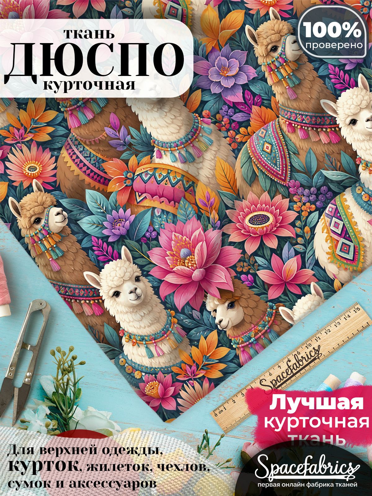 Плащевая ткань Дюспо 240T Milky WR PU, курточная, для шитья и творчества, 85 г/м2, отрез 147х100 см, с принтом Альпаки