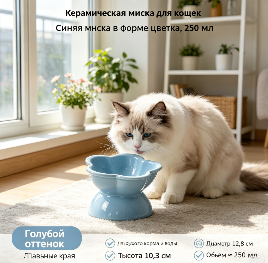 Керамическая миска для кошек в форме цветка на подставке, защита шеи, устойчивая к опрокидыванию