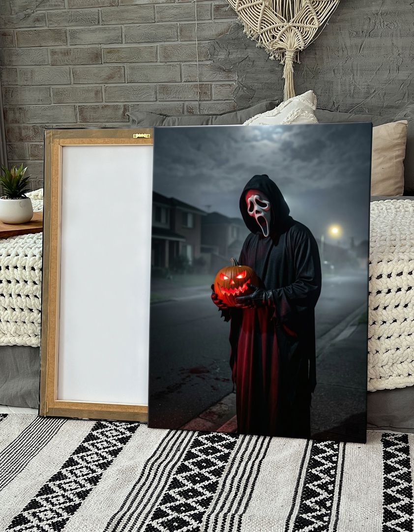 Картина на холсте (Гостфейс, Маска Scream, Хэллоуин, Тыква, Джек-о-лантерн, Черный плащ, Перчатки) 60x80 см. Интерьерная на стену. Украшение в комнат