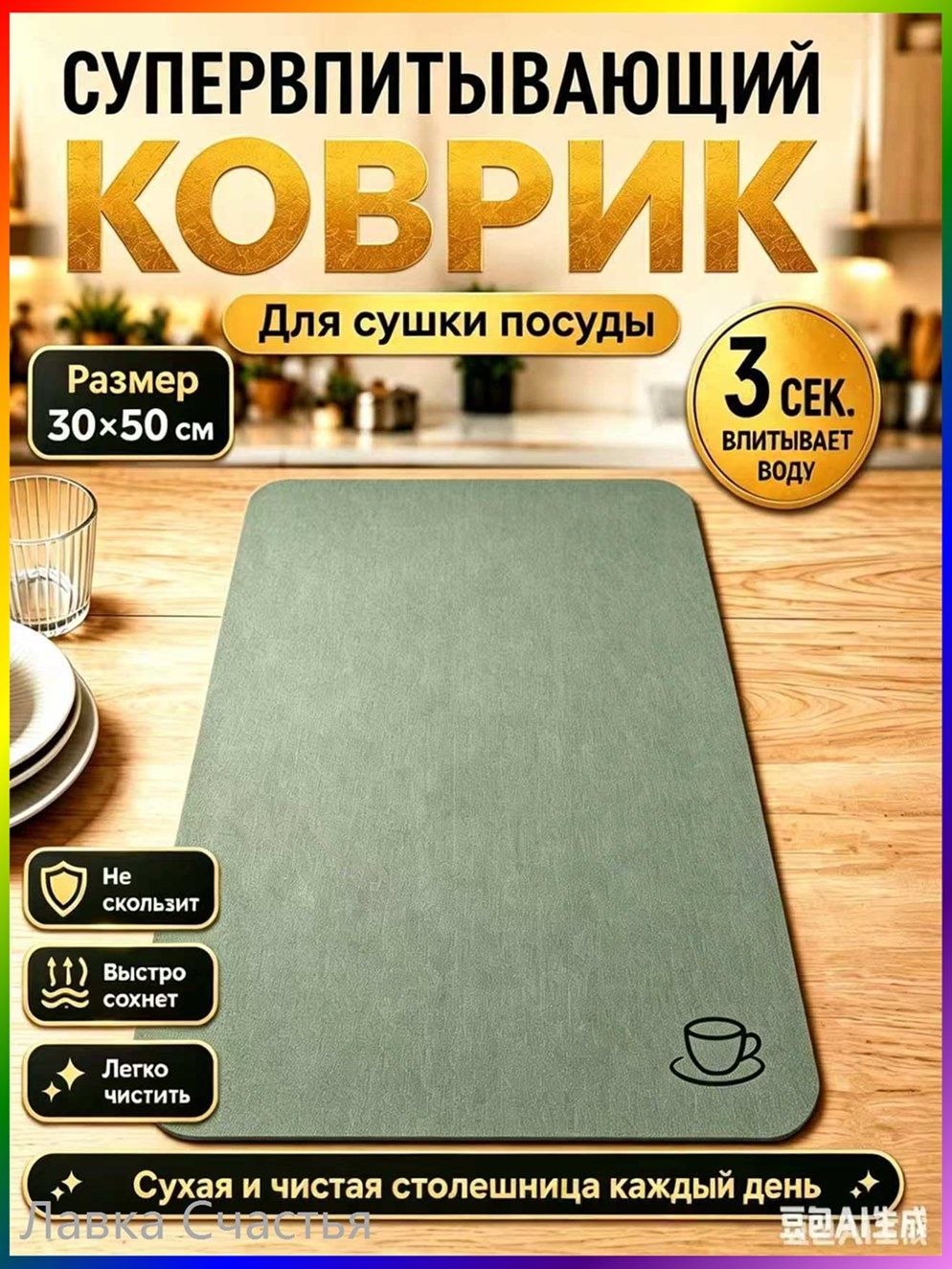 Сушилка для посуды 30 см x 50 см 1 шт диатомовый ил зеленый
