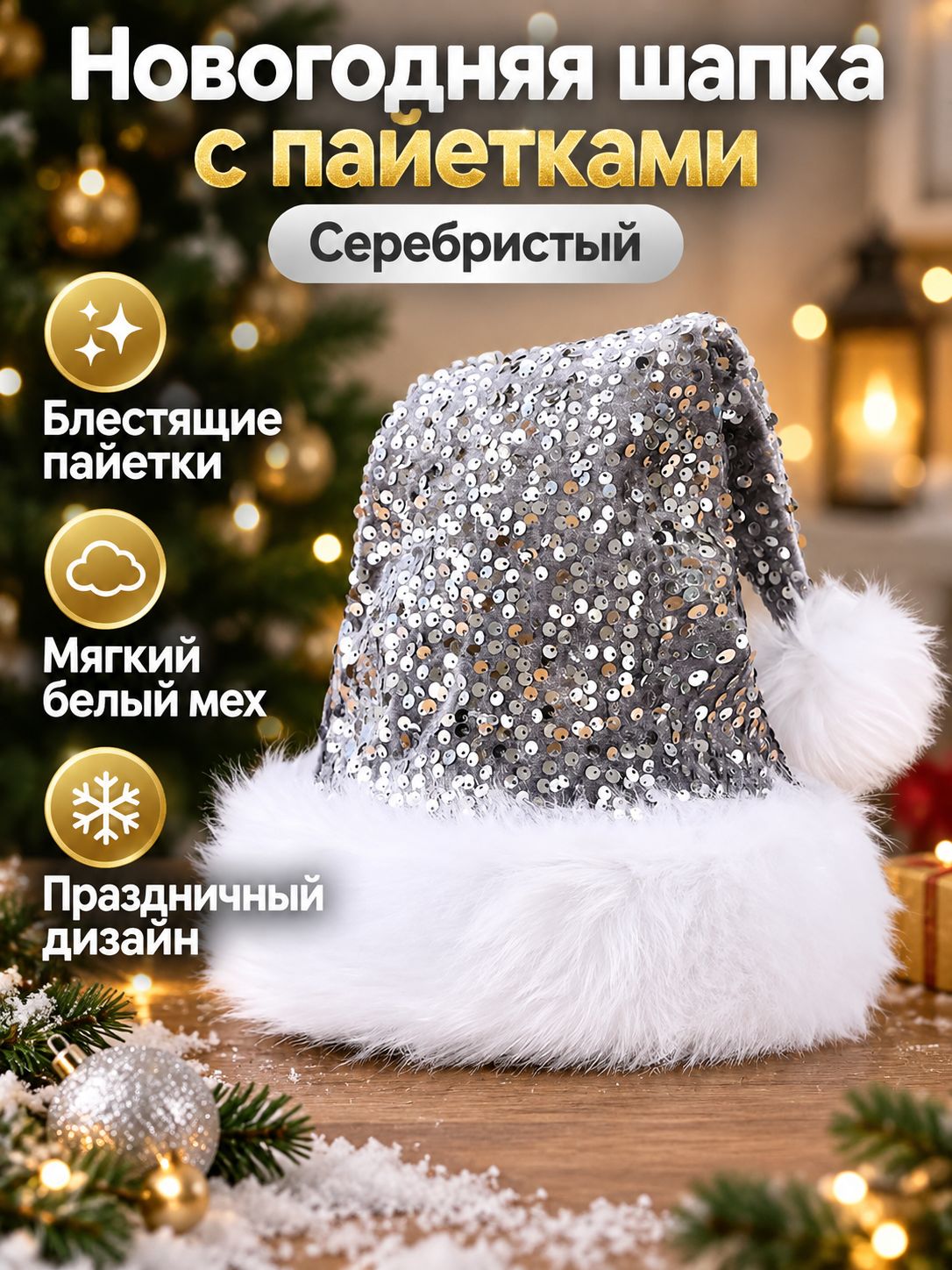 Новогодняя шапка-декор с блестками и длинным белым помпоном, серебряная, 32x45 см