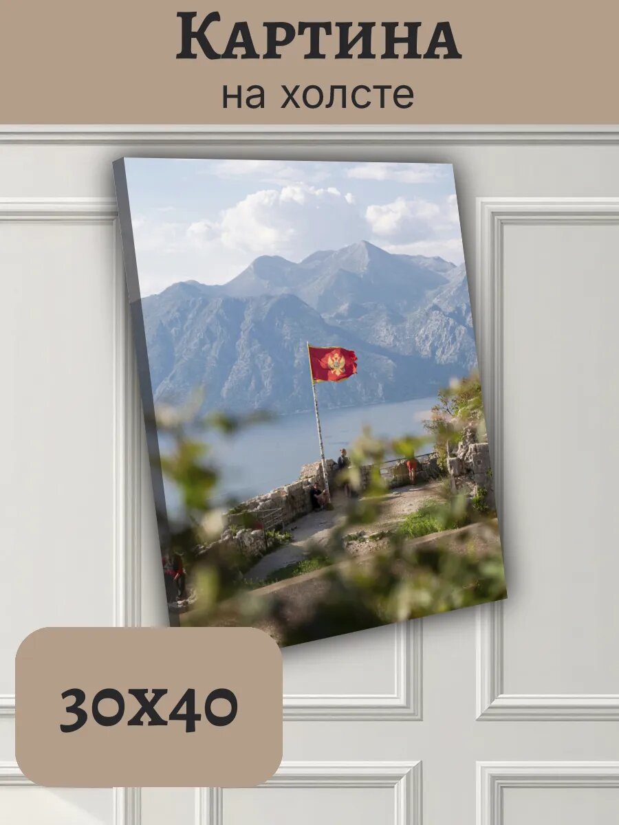 Картина Черногория Montenegro 30x40 горный пейзаж с флагом