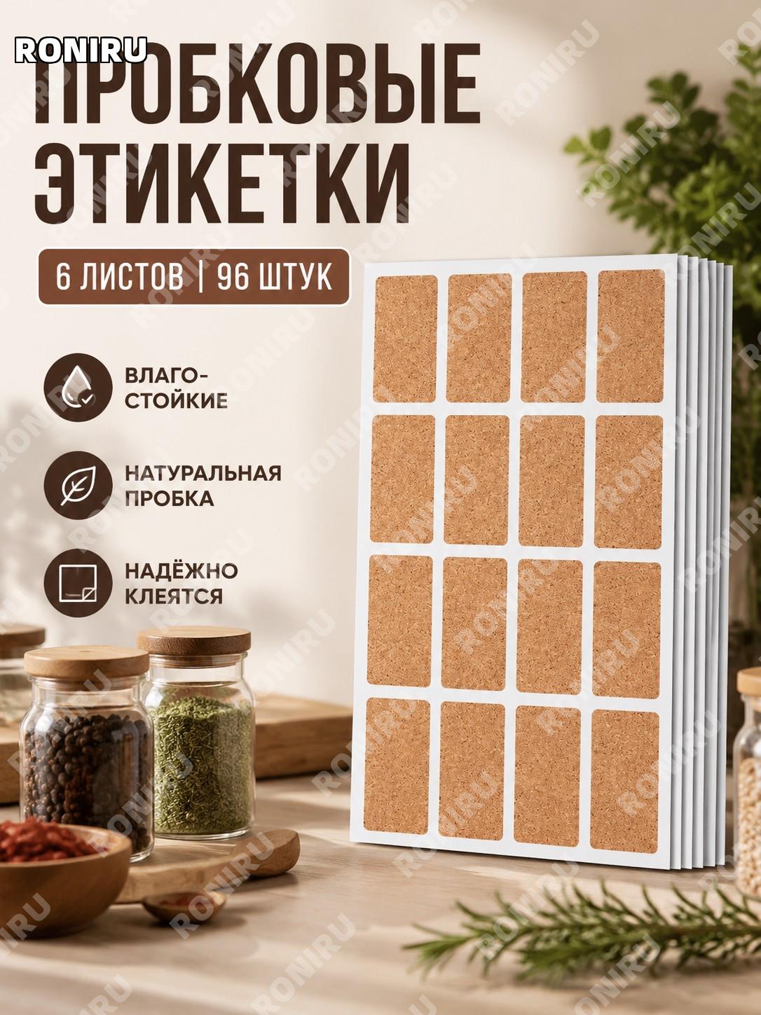 Набор пробковых наклеек-этикеток для специй и кухни 6 листов 96 шт стикеры для банок органайзер и подписи дома