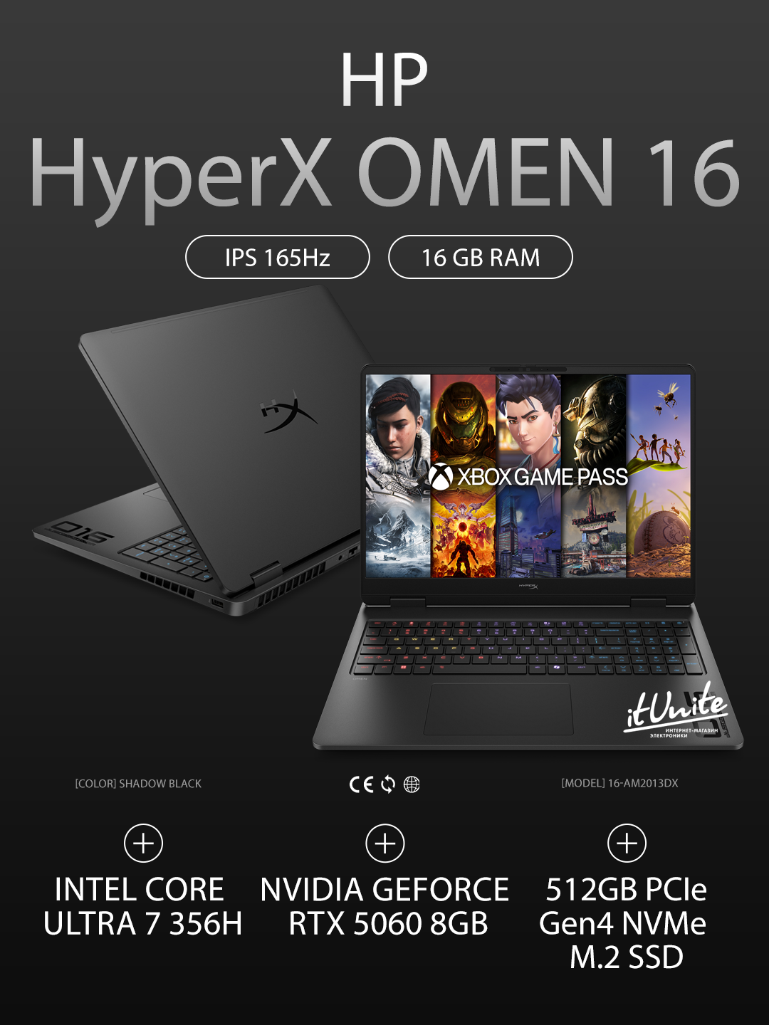 Ноутбук HP HyperX OMEN 16 16-am2013dx (Ultra 7 356H 1.9GHz/16"/2560x1600/16GB/512GB SSD/RTX 5060/Win11)