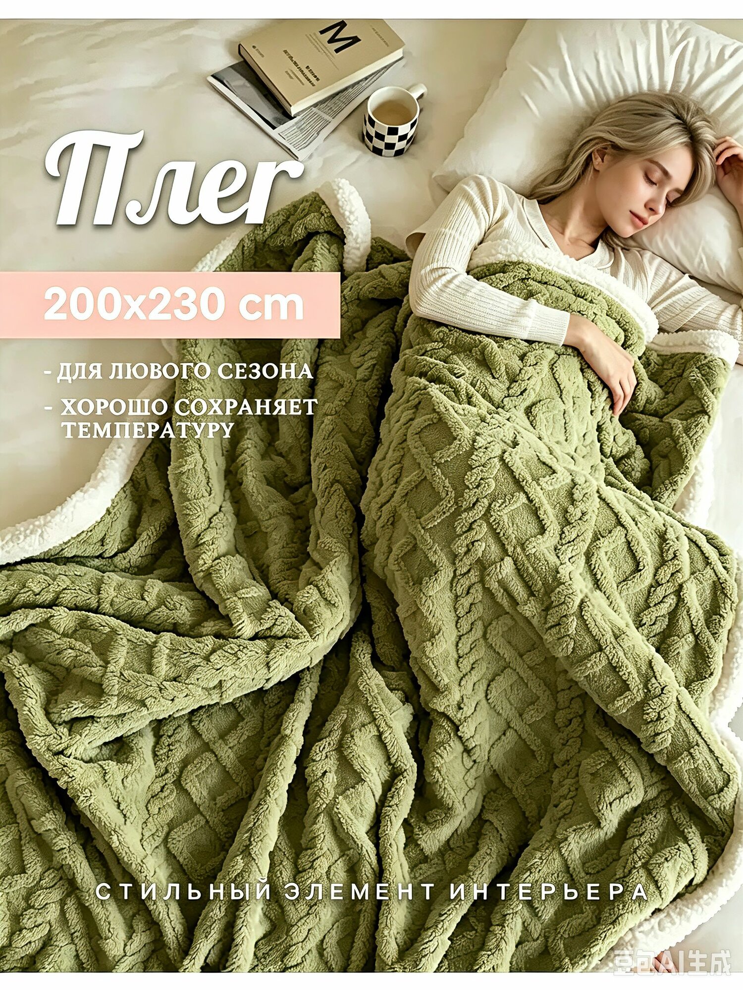 Плед 200x230 см велюр искусственный двусторонний, плюшевый 3d-эффект зеленый