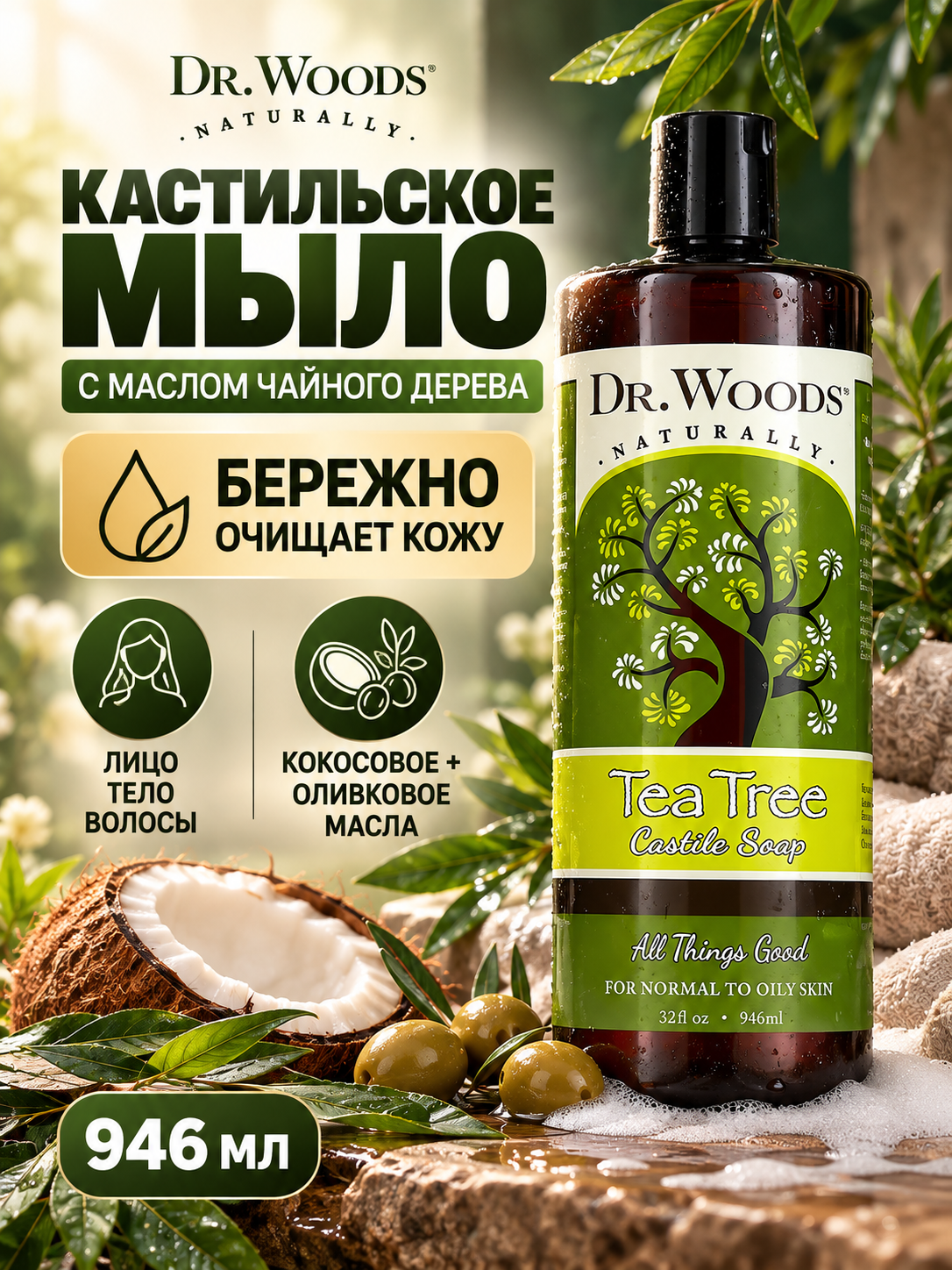 Dr Woods Кастильское жидкое мыло для бани и душа с чайным деревом 945мл
