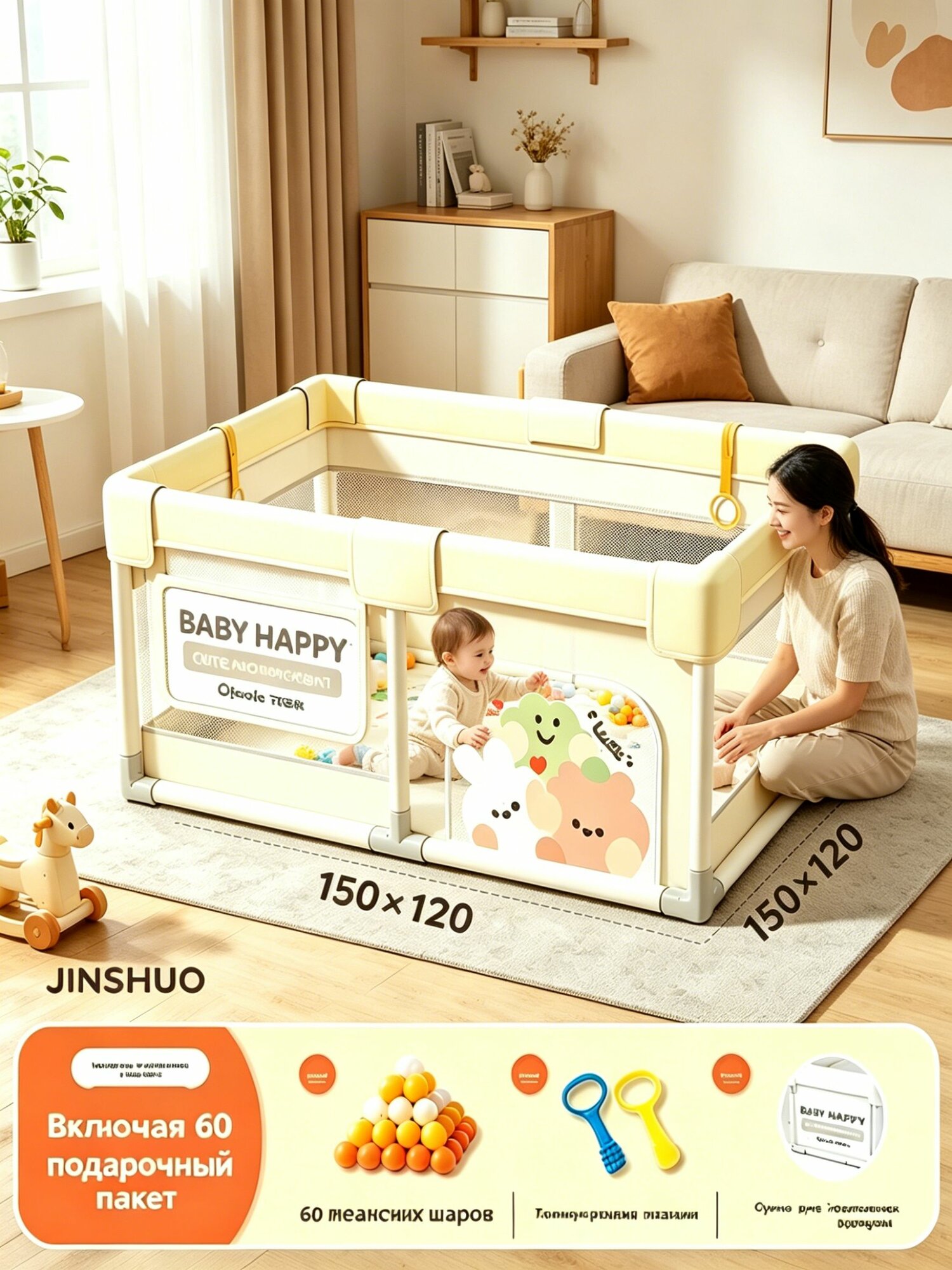 Безопасный игровой манеж для ползания детей,120*150cm, Нет игрового коврика