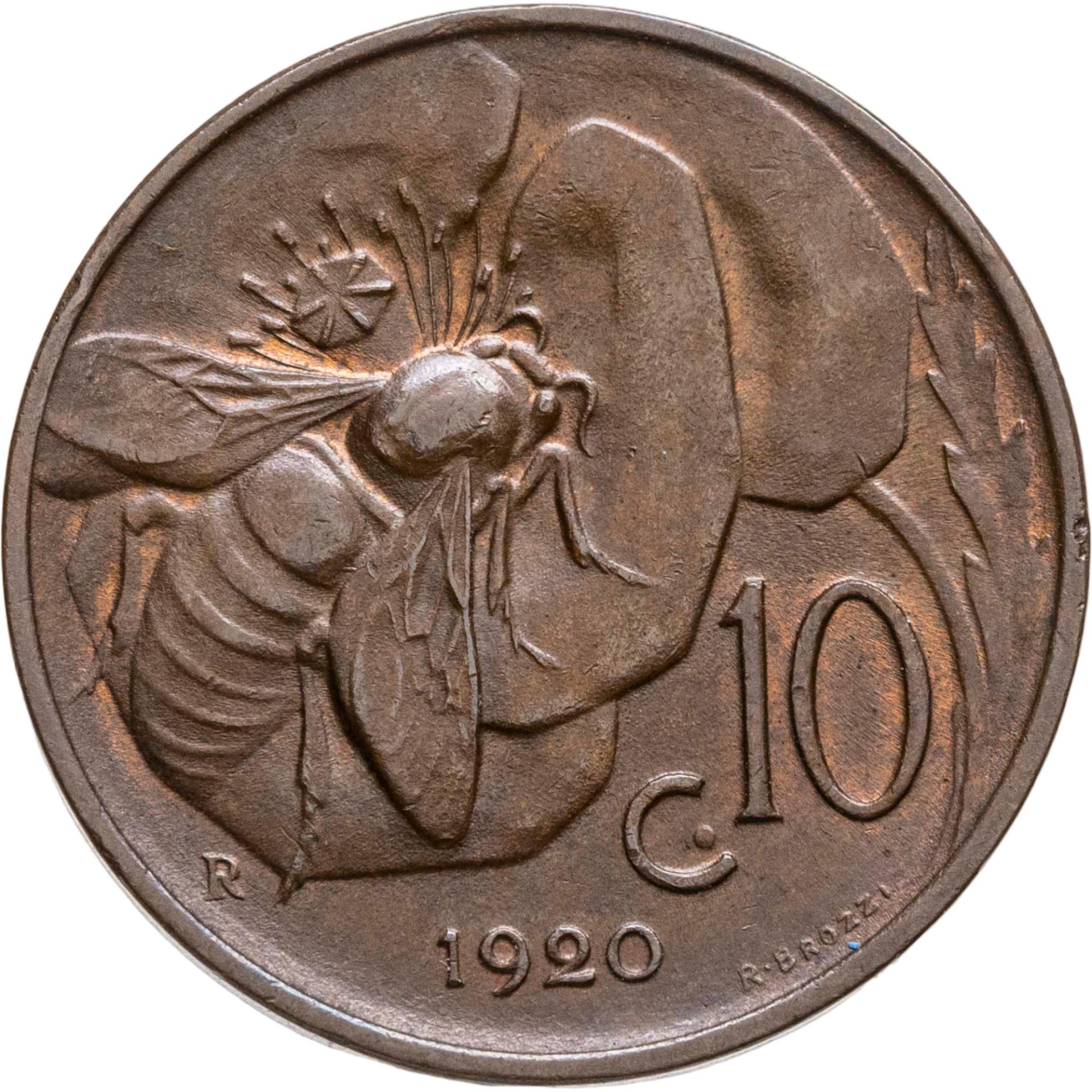 Италия 10 чентезимо centesimi 1920, Медь, в сохранности AU