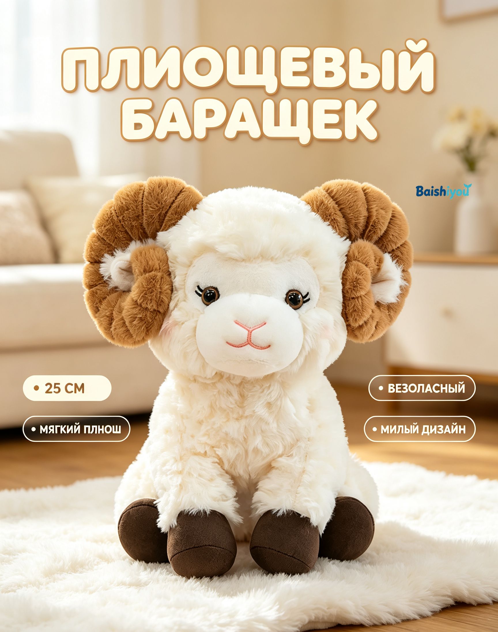 Плюшевый барашек 25 см с коричневыми рожками, мягкая игрушка овечка из длинноворсного плюша, подарок для детей