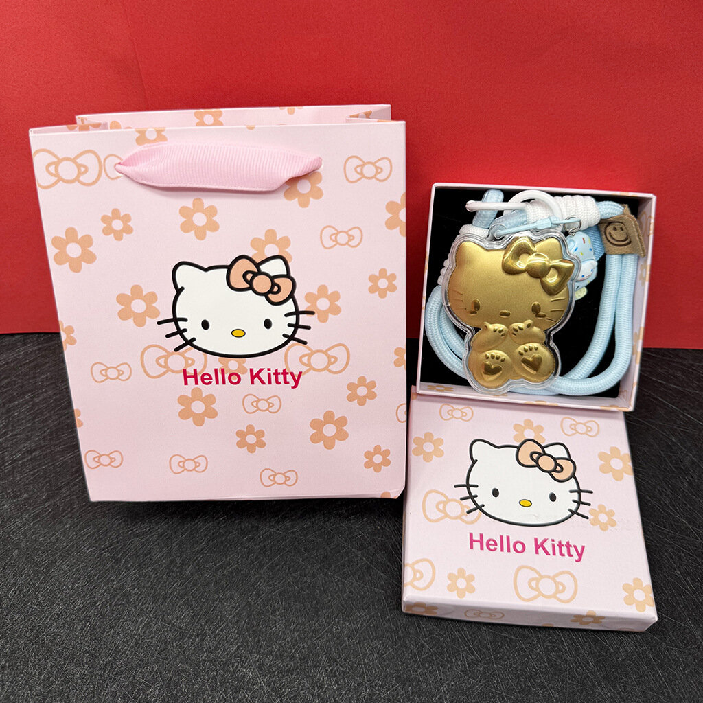 Брелок из золота 999 Kitty Cat, голубой шнурок, золотая фольга, подарочная коробка 1, браслет для телефона