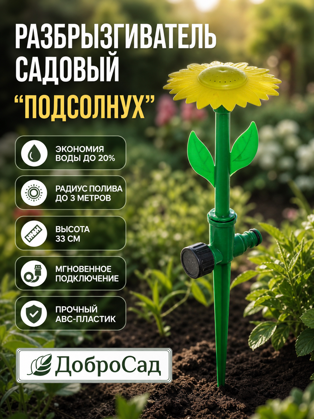 Разбрызгиватель «Подсолнух» 33см, желтый, для полива клумбы, пластик