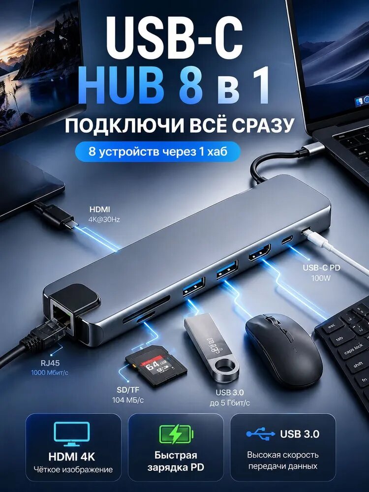 Хаб USB C 8 в 1 док станция для ноутбука с HDMI 4K USB 3.0 SD TF LAN