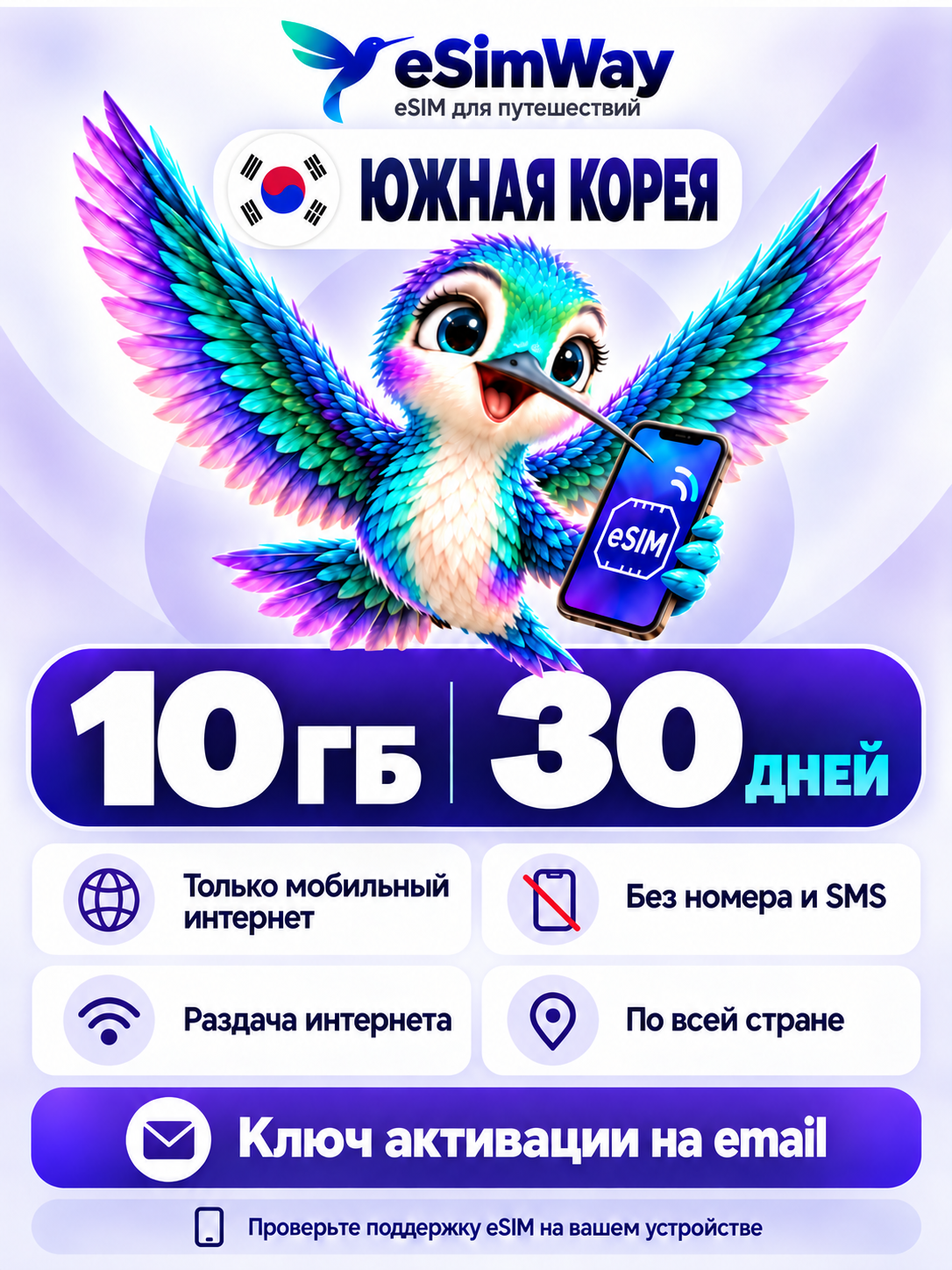 ESIM (есим) для интернета в Южной Корее: 10 ГБ на 30 дней, мгновенная активация