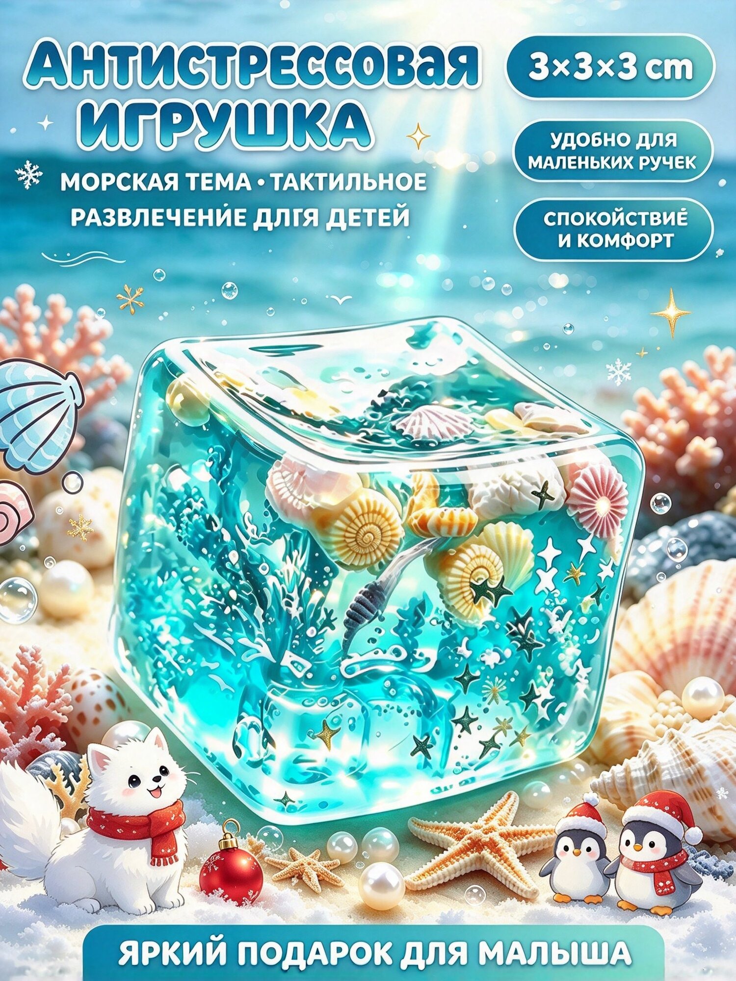 Сквиш куб антистресс Океанский остров 3х3 см, TPR игрушка с ракушками и блестками, слайм кубик для детей