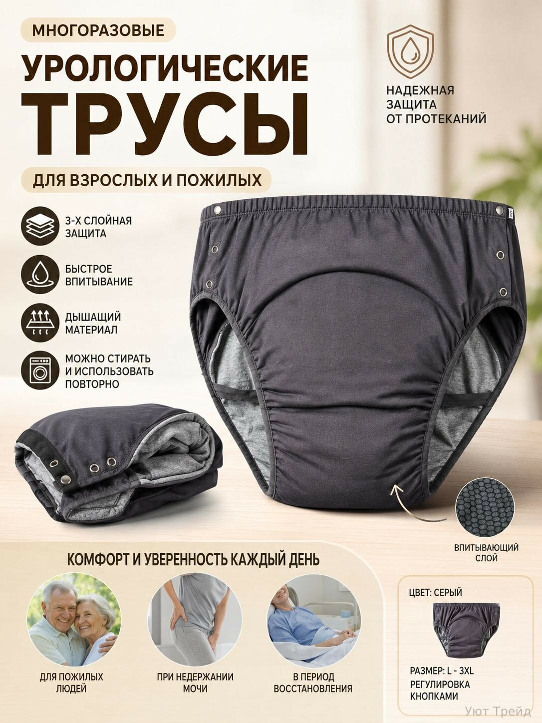 Многоразовые урологические трусы, впитывающее непромокаемое белье на кнопках, подгузники-трусики из хлопка при недержании для пожилых и в