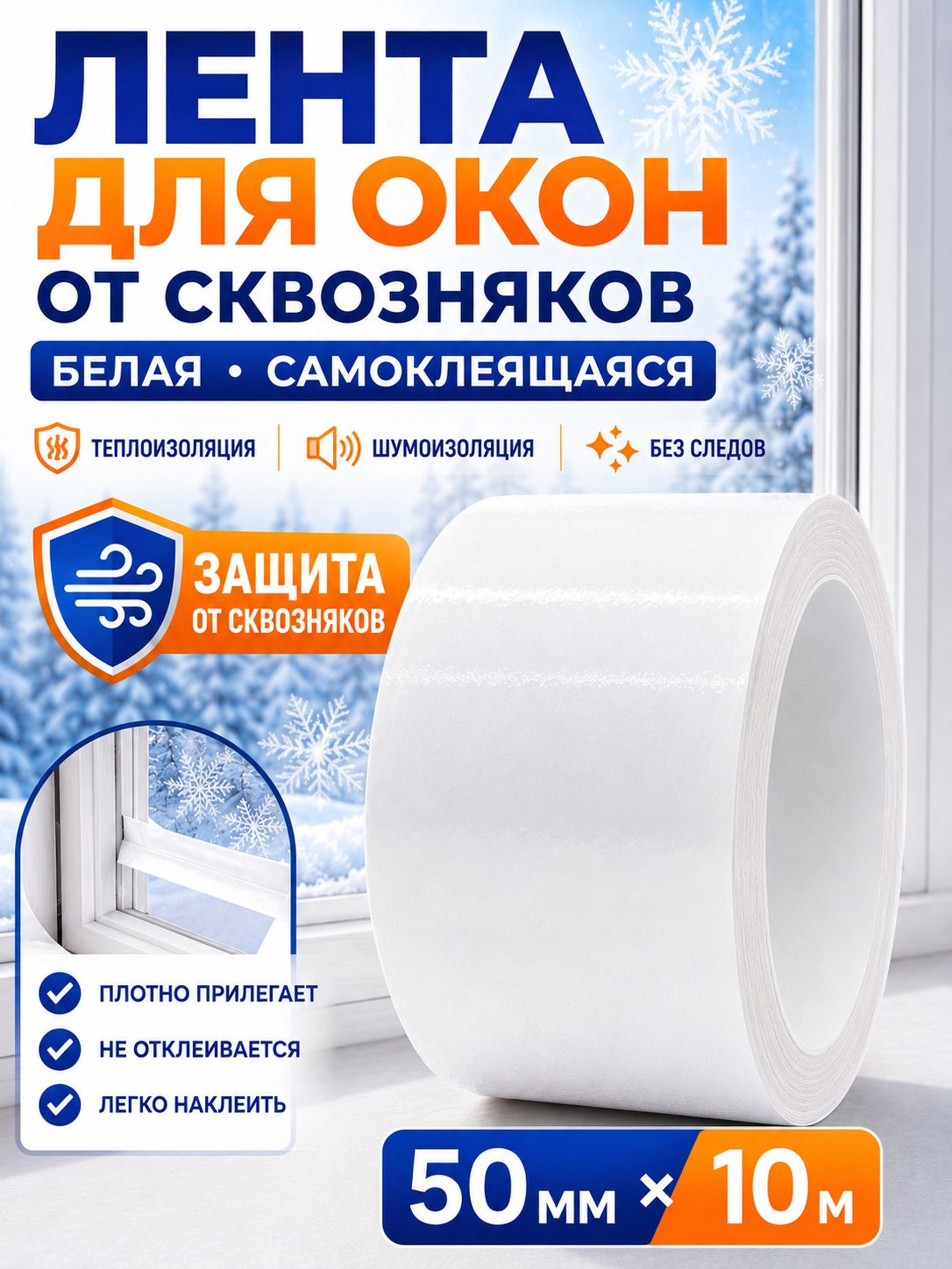 Скотч для окон от холода, самоклеящаяся лента от сквозняков для утепления окон и дверей, белая