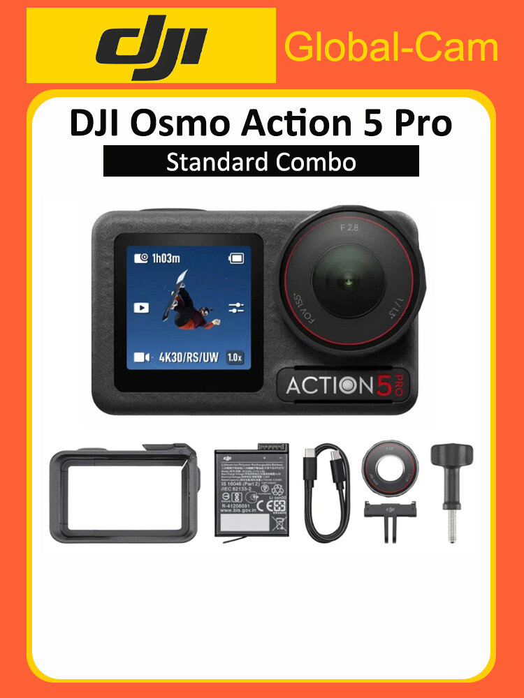 Экшн-камера DJI Osmo Action 5 Pro Standard Combo, 1/1.3" датчик, видео 4K/120fps, Встроенное хранилище 64 ГБ