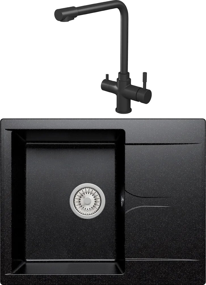 Комплект Мойка Polygran Gals 620 62x50, черная, искусственный гранит / Смеситель Rush MS9035-33Black матовый черный, черный