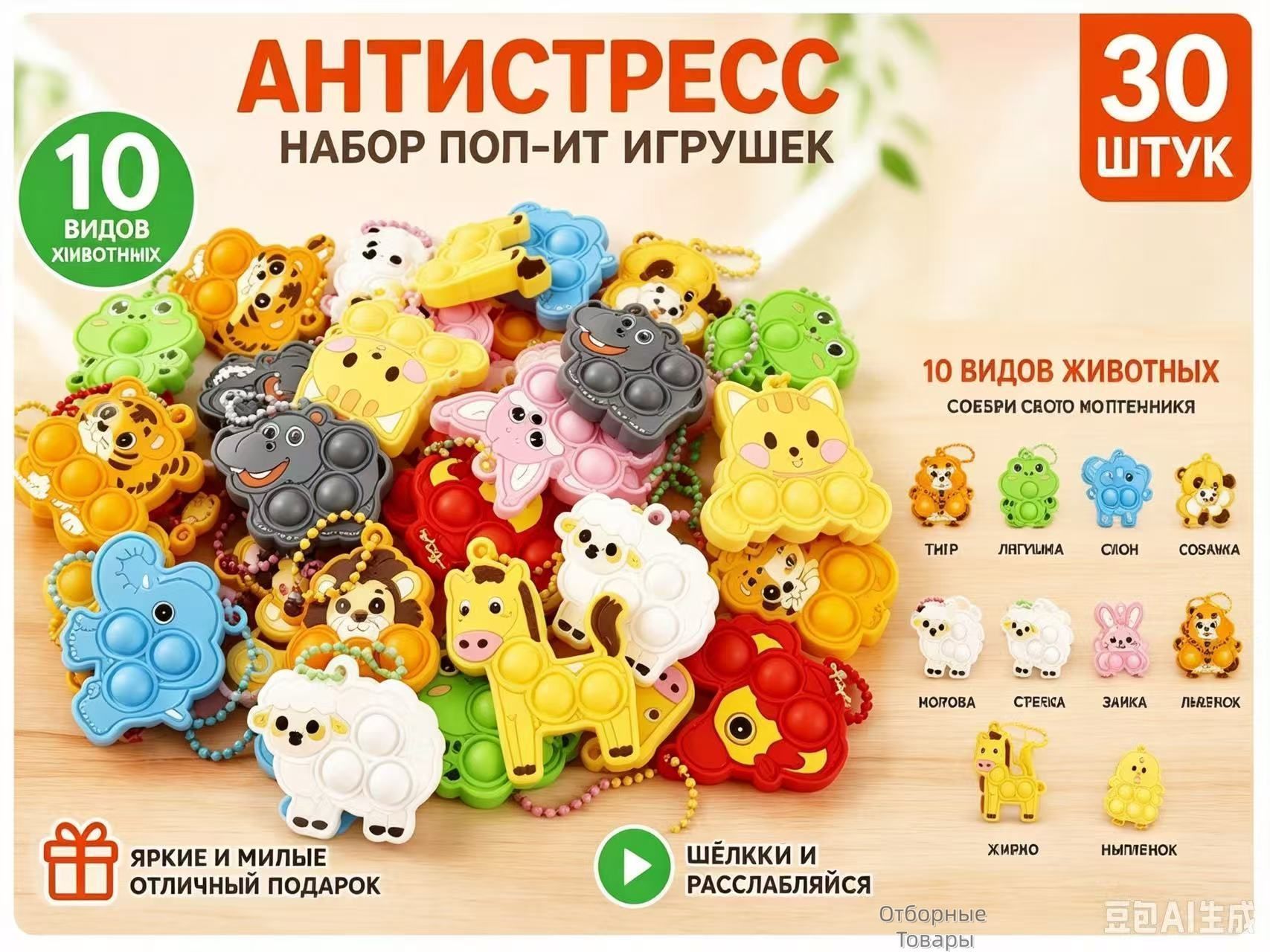 Антистресс игрушки Поп Ит, набор 30 шт, 10 видов животных, силиконовые брелоки, развивающие игрушки для детей и