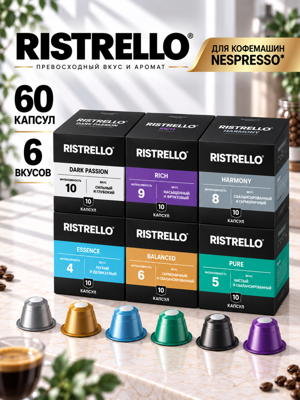 Кофе в капсулах для кофемашины Nespresso Ristrello набор . Интенсивность от 4 до 10