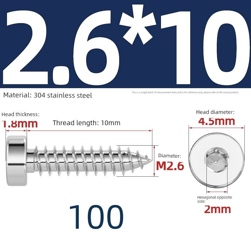 M2.6 x 10 мм 304 Нержавеющая сталь Самонарезные винты с потайной головкой, 100 шт