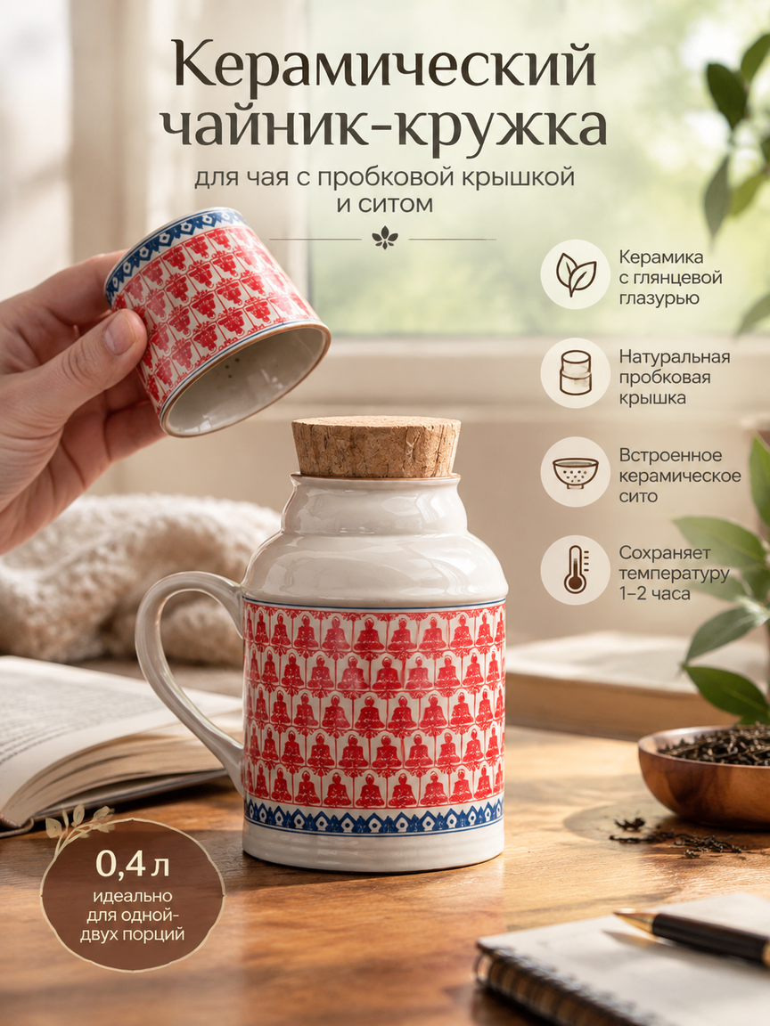 Керамический чайник-кружка для чая с пробковой крышкой и ситом, ретро-красный, 0,4 л