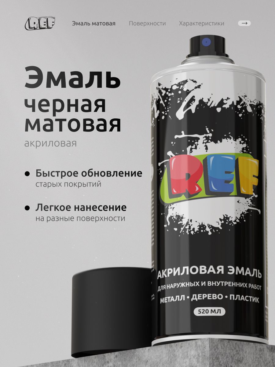 Аэрозольная краска в баллончике черная матовая 520 мл эмаль быстросохнущая, универсальная / REF / краска акриловая для мебели, дерева, металла, стен, декора
