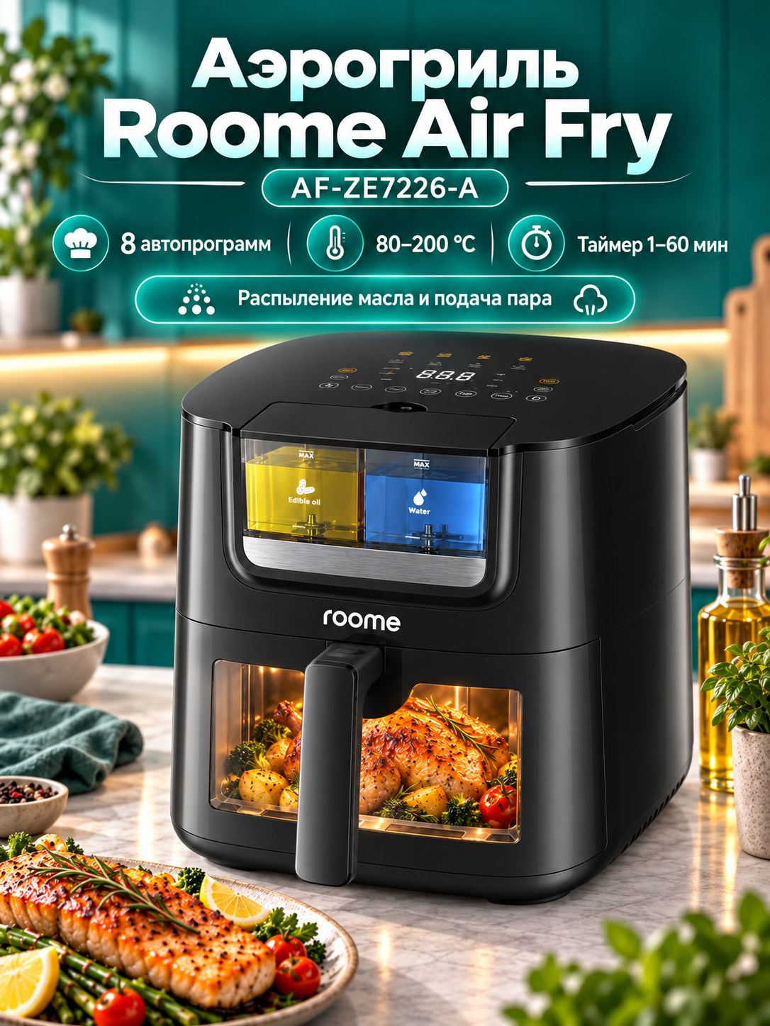 Аэрогриль Roome Air Fry AF-ZE7226-A, 1800 Вт, 7 л, черный