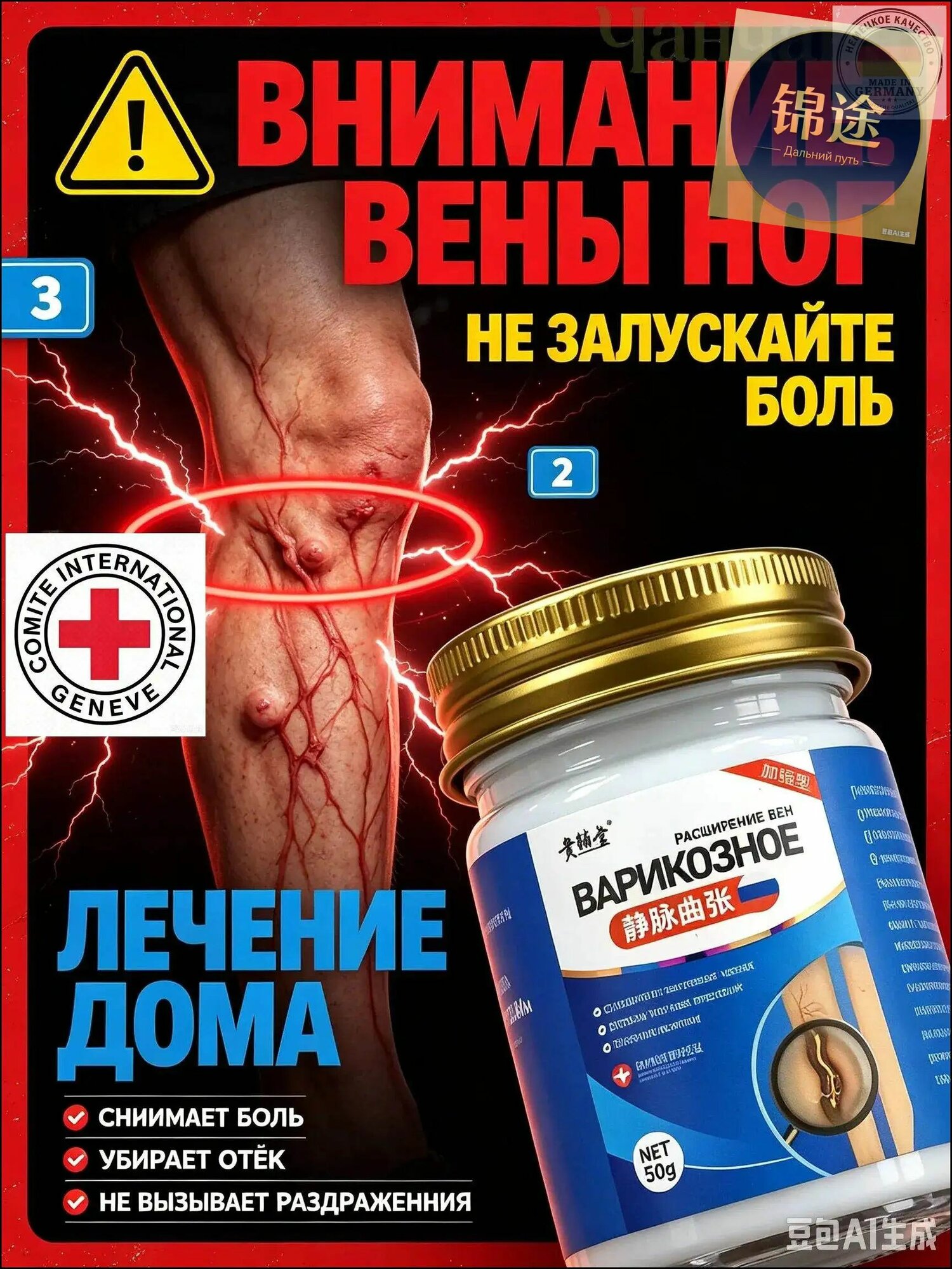 Мазь от варикозного расширения вен, снимает отеки и чувство тяжести в нижних конечностях, облегчает боль в ногах, не вызывает раздражения, 50 г-