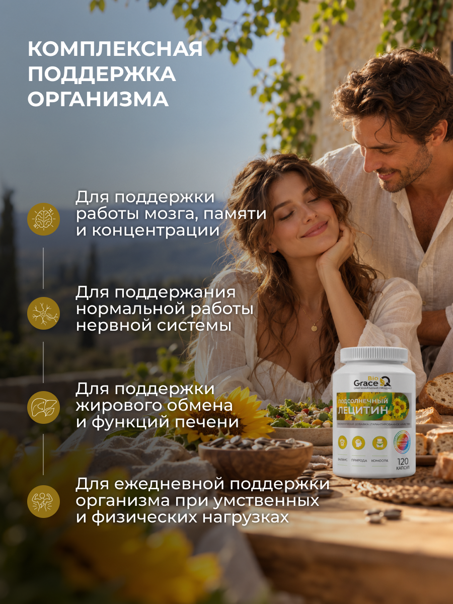 Лецитин подсолнечный GraceBioQ Витамины от холестерина, для сердца и сосудов, печени, фосфолипиды для кожи 120 капсул — фото 1