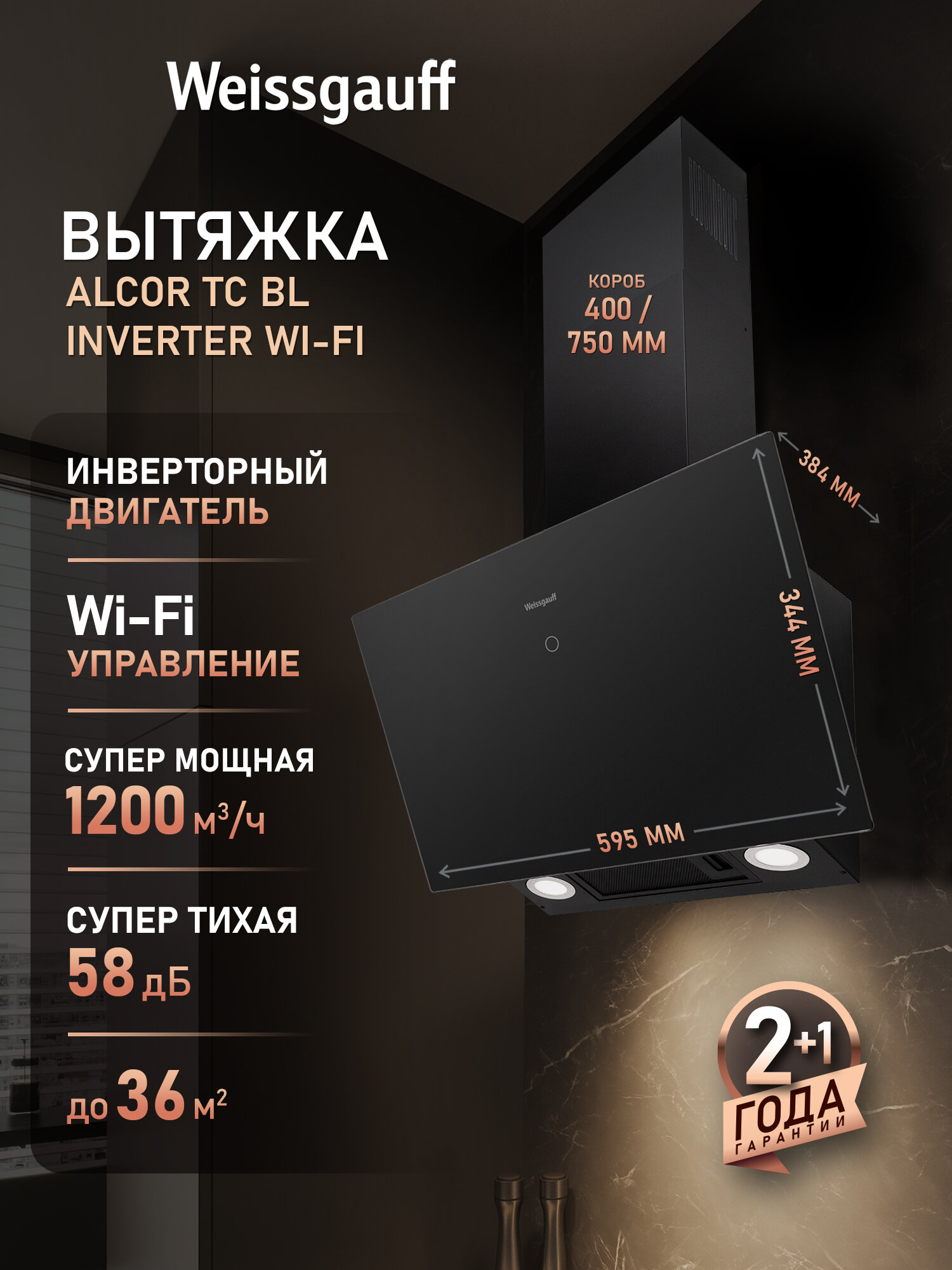 Купольная вытяжка c Wi-Fi и инвертором Weissgauff Alcor TC BL Inverter Wi-Fi, Алюминиевый жировой фильтр