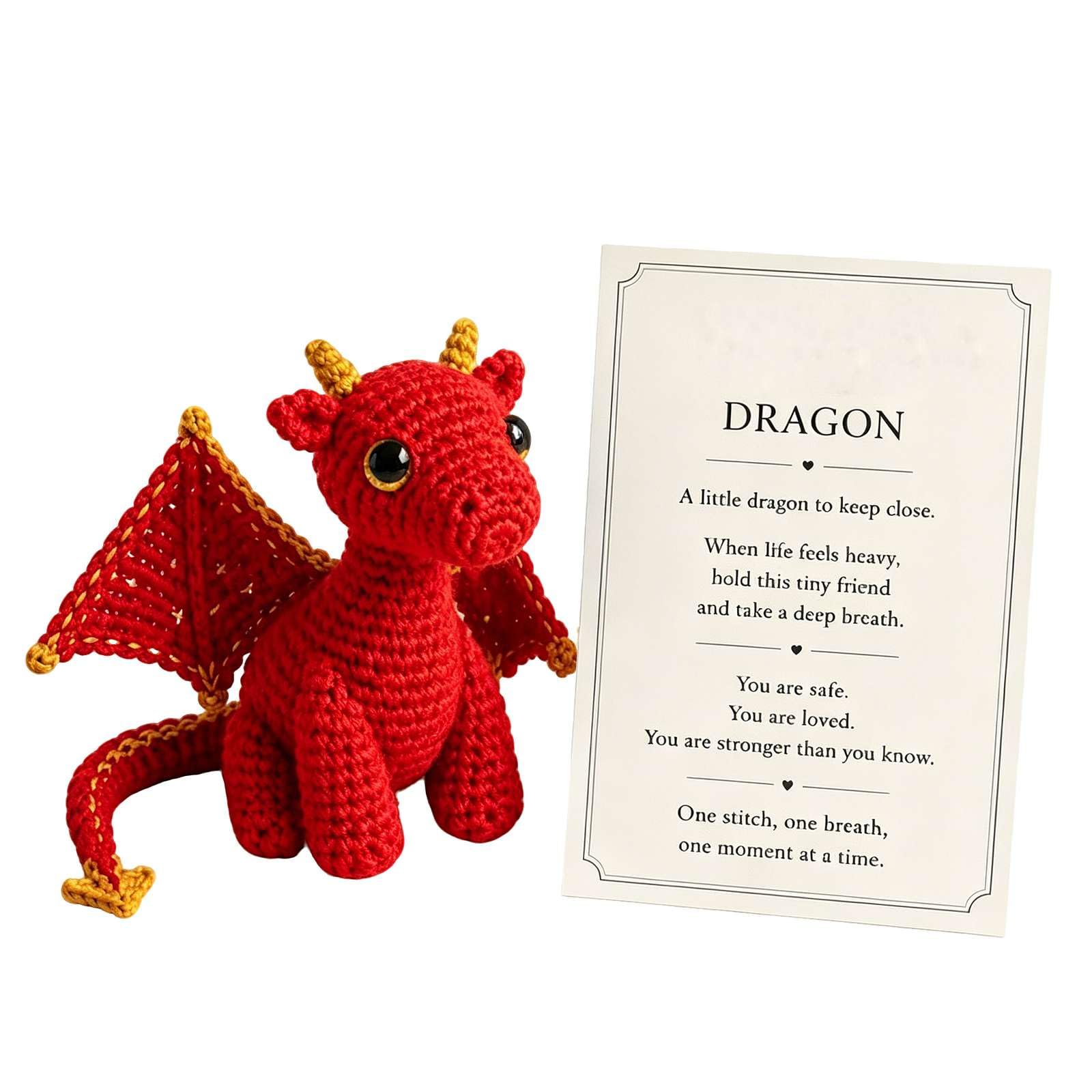 Эмоциональная поддержка Dragon Pocket Buddy. Вязаный крючком дракон ручной работы. Плюшевый дракон с поощрительной карточкой. Мини-декор для стола. Снятие беспокойства, комфортный подарок для подростков для женщин и мужчин (красный)