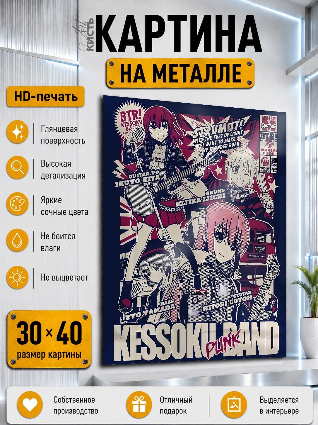 Картина на металле интерьерная на стену 30х40 Аниме Одинокий рокер Боччи