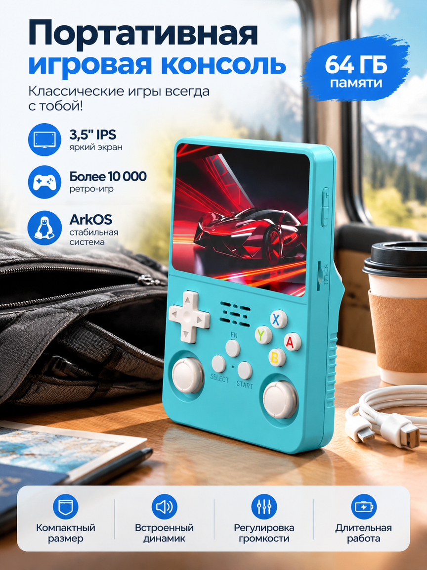 Карманная игровая приставка с IPS-дисплеем 3,5 дюйма, 64 ГБ, поддержкой ретро-игр и ОС ArkOS