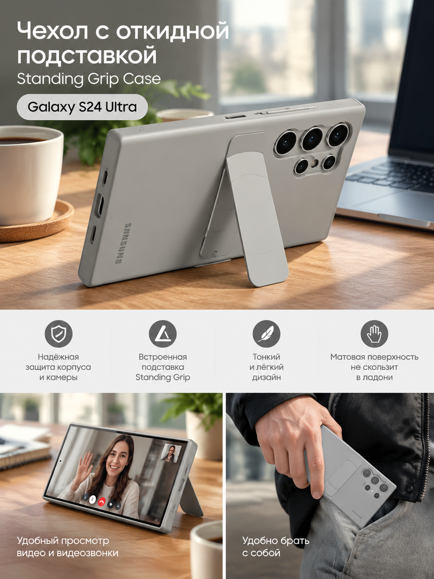 Чехол с откидной подставкой для Galaxy S24 Ultra, серый, надёжная защита корпуса и камеры