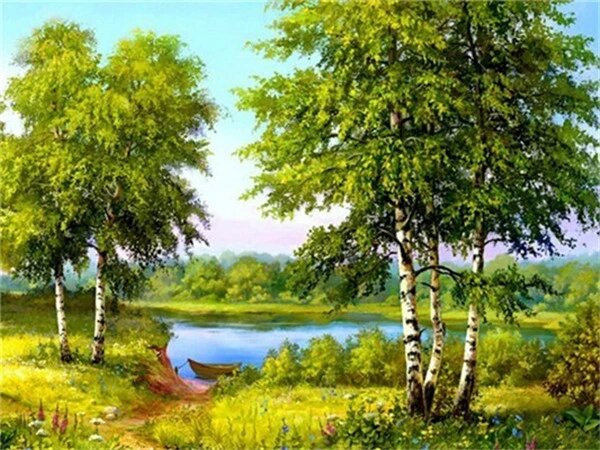 Алмазная картина пейзаж с березами, набор 5072