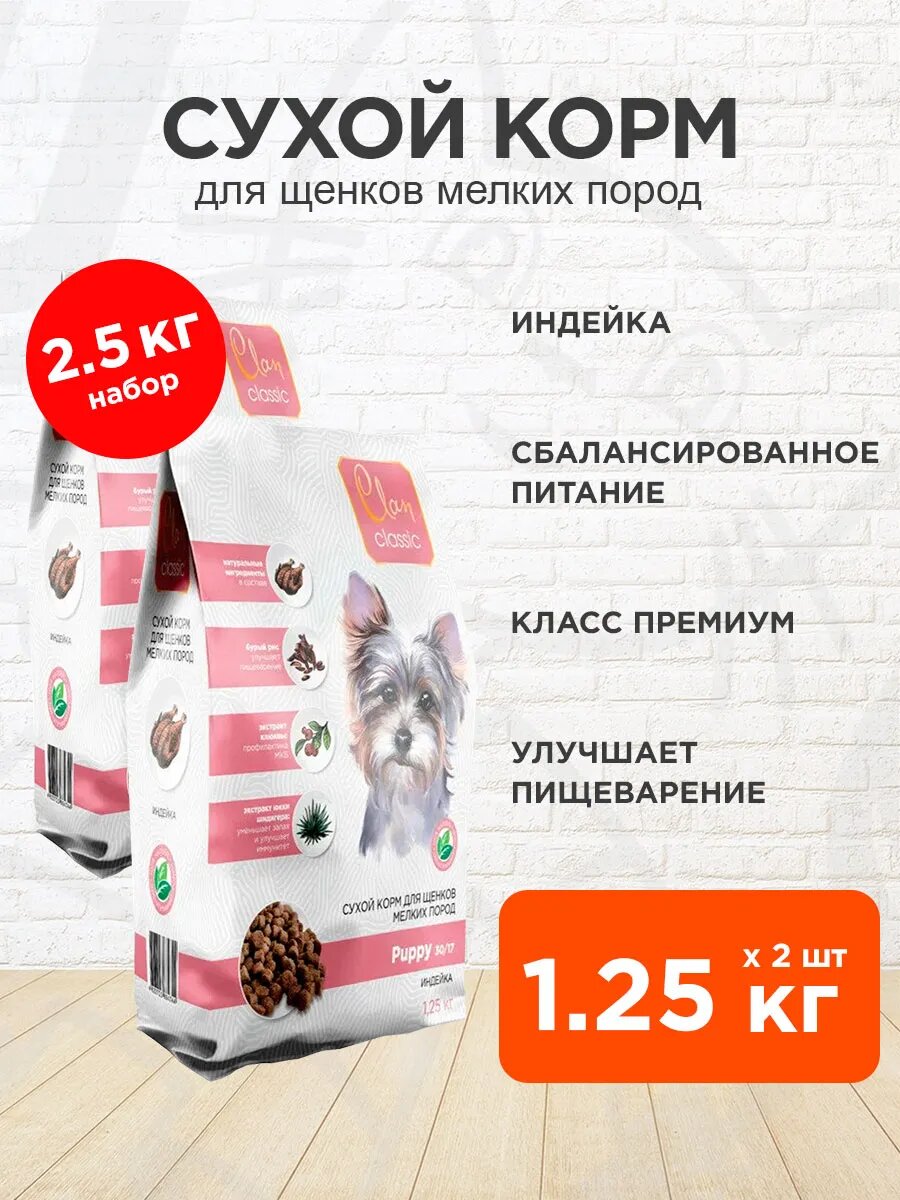 Корм сухой Clan Classic Puppy 30/17 для щенков мелких пород, индейка, 1,25 кг 2 шт