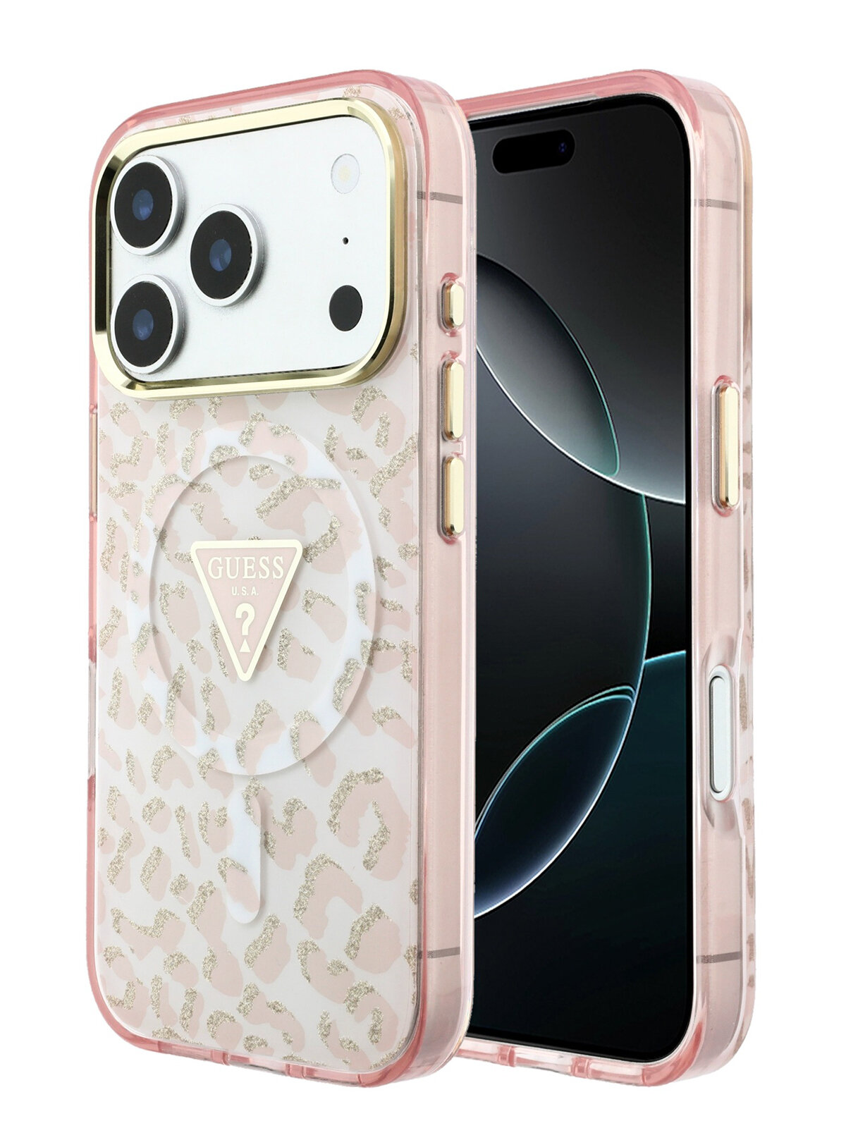 Чехол Guess на iPhone 18 Pro Max/17 Pro Max с магнитами MagSafe, с IML покрытием Leopard, с защитой камеры, розовый