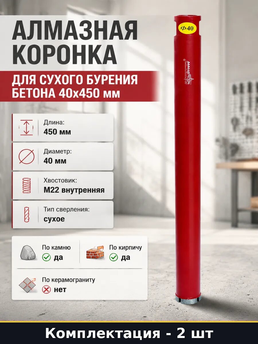 Коронка для сверления армированного бетона М22 40мм, 2 шт