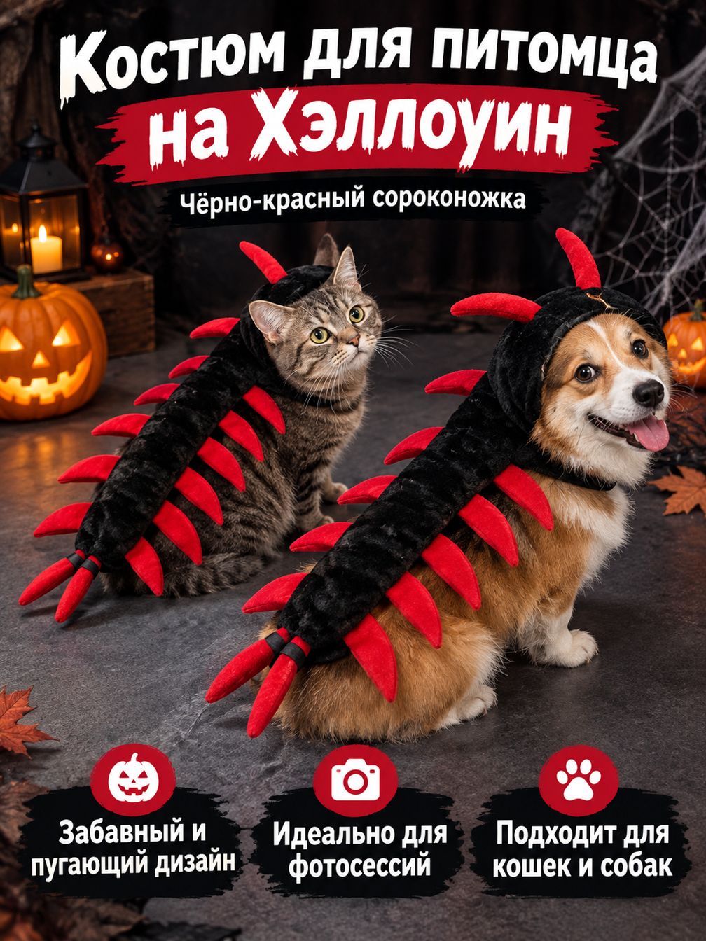 Костюм для питомца на Хэллоуин в виде паука: черный с красными шипами, унисекс, универсальный размер