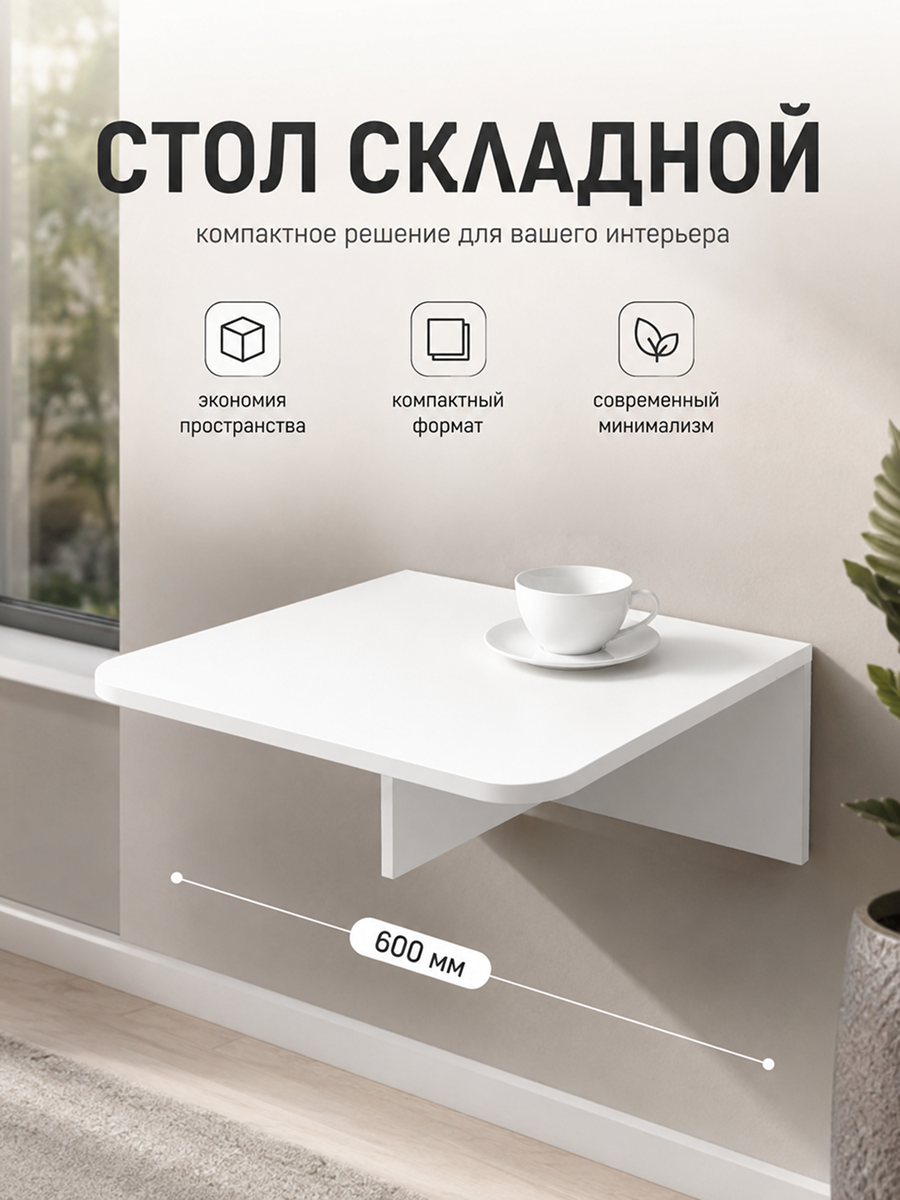 Kalver Стол откидной настенный подвесной (навесной) для кухни, балкона флай 60*42,4*22 см, Белый шагрень