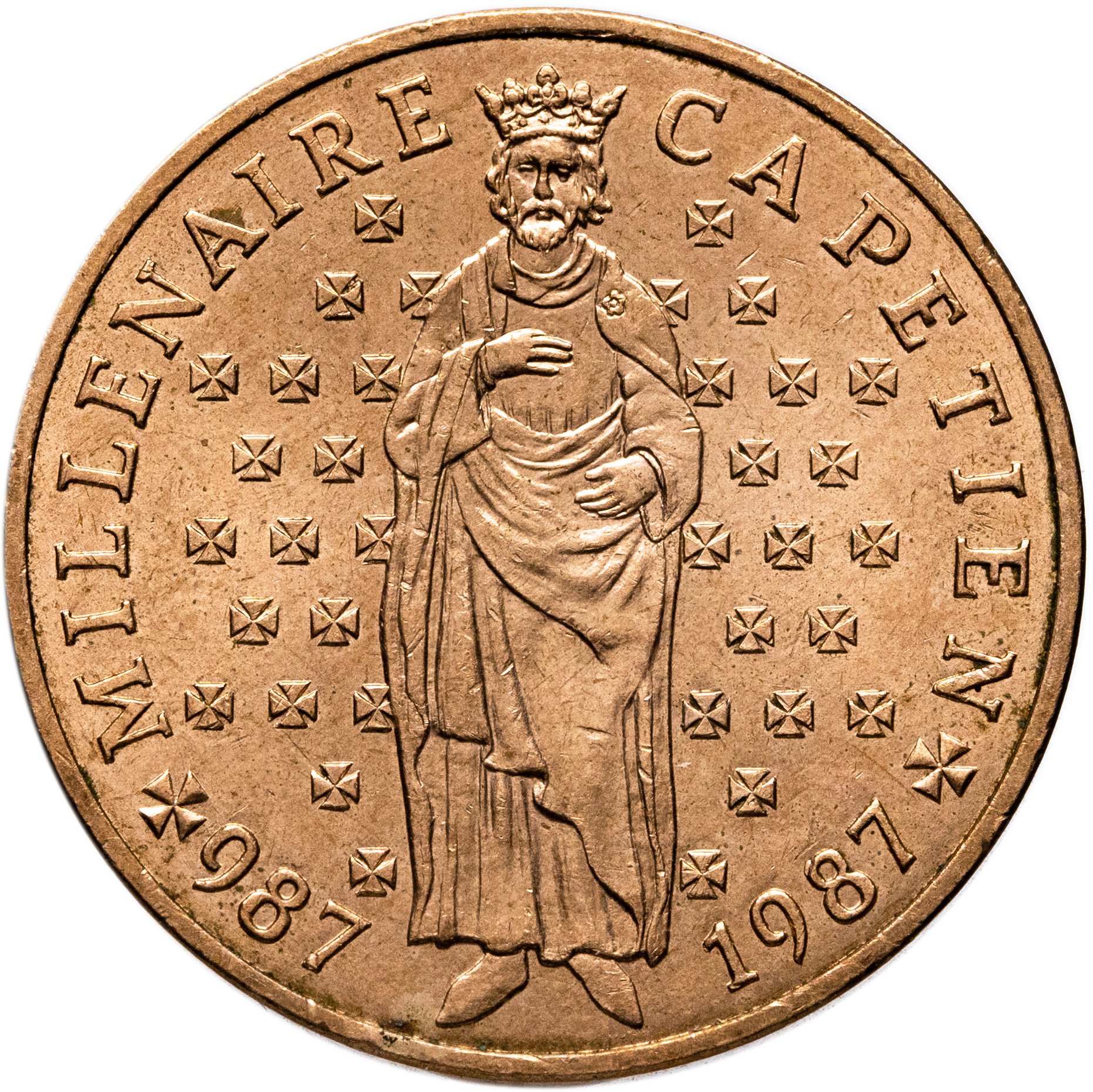 Франция 10 франков francs 1987 "Тысячелетие династии Капетингов", Латунь, в сохранности AU
