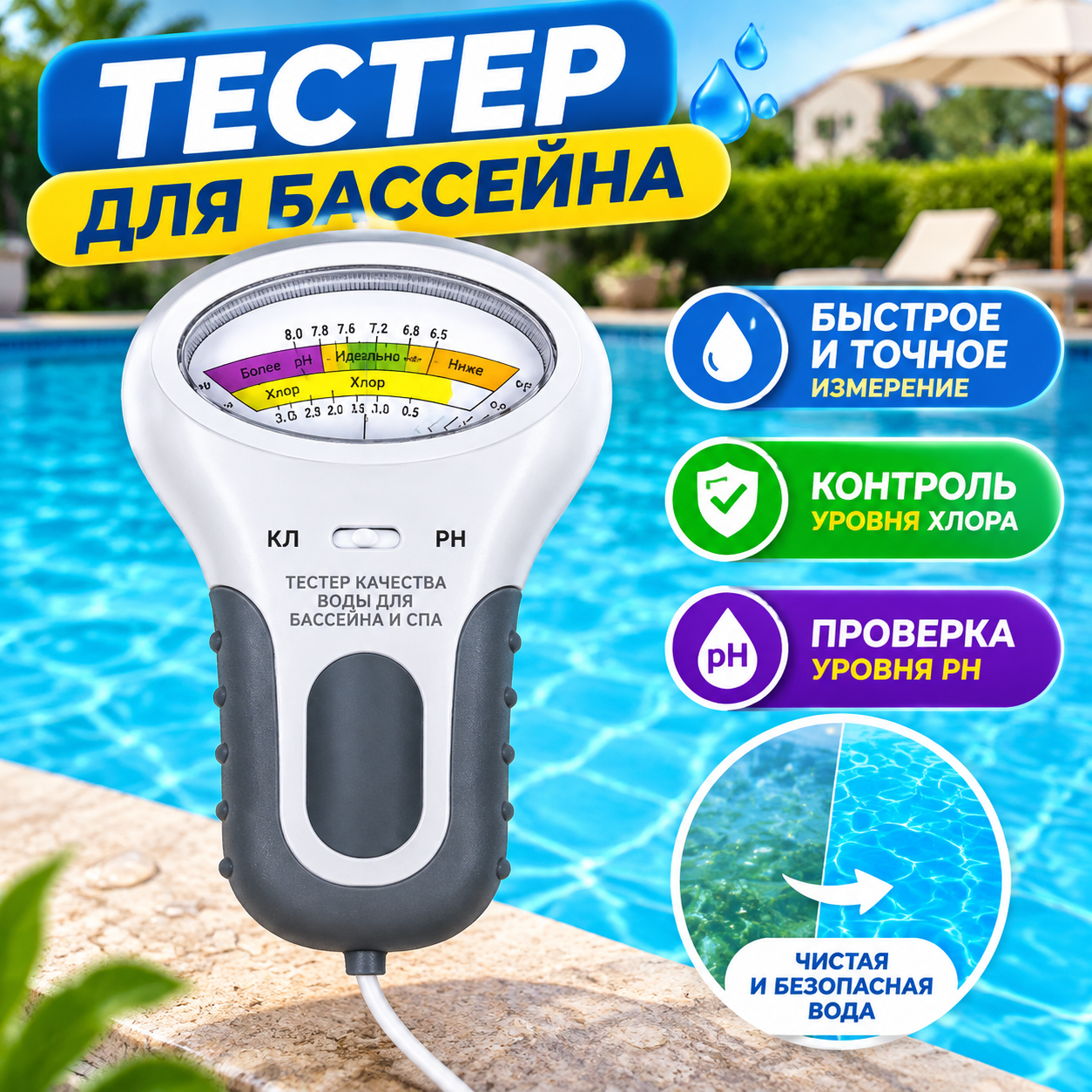 Электронный тестер воды pH и хлора для бассейна и спа, 20×15×7 см, 1 шт, точный анализ, удобный контроль