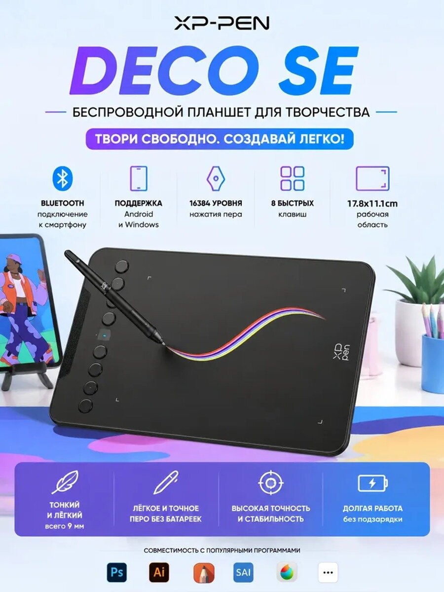 Графический планшет XP-Pen Deco SE, беспроводной, 8 клавиш, черный матовый