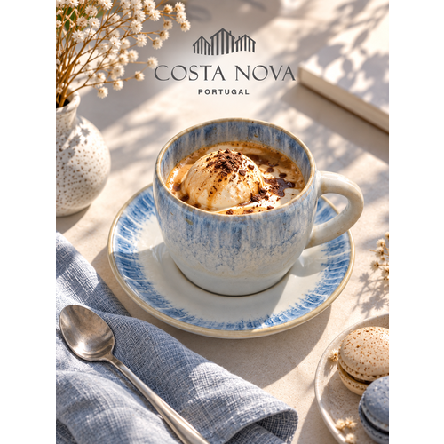 фото Чайная пара с блюдцем голубая costa nova "ria blue" 1 шт, 230 мл. ударопрочная, профессиональная керамика. для чая, кофе, капучино, латте. португалия