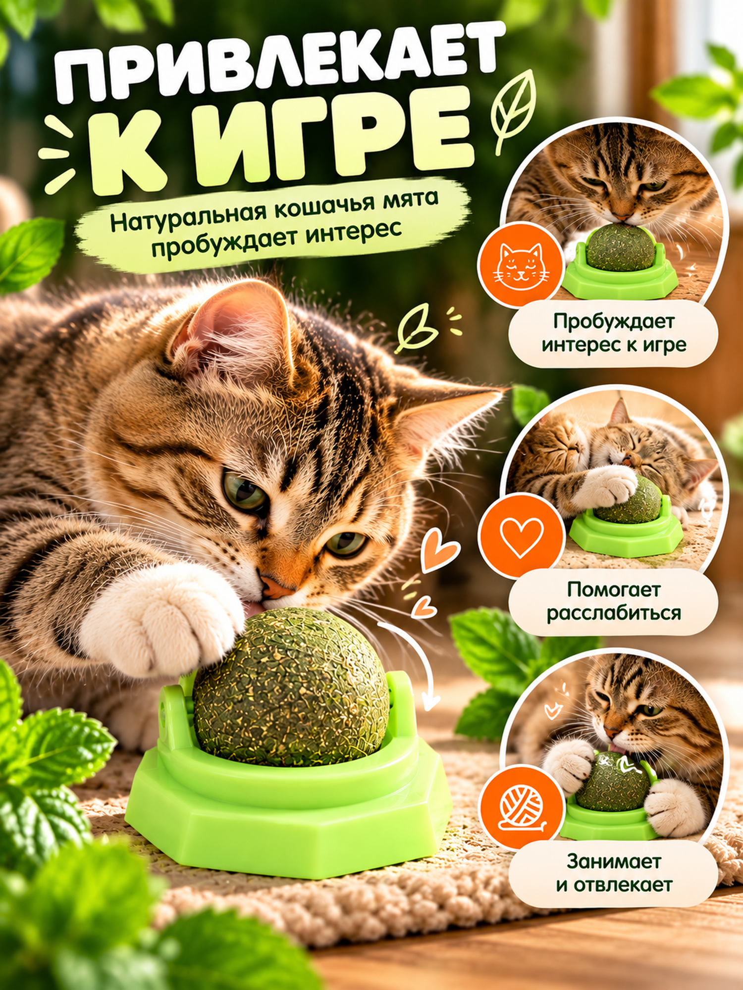 Игрушка для кошек из кошачьей мяты "Вращающийся шарик" на основании, 5 х 4 см, зелёная — фото 1